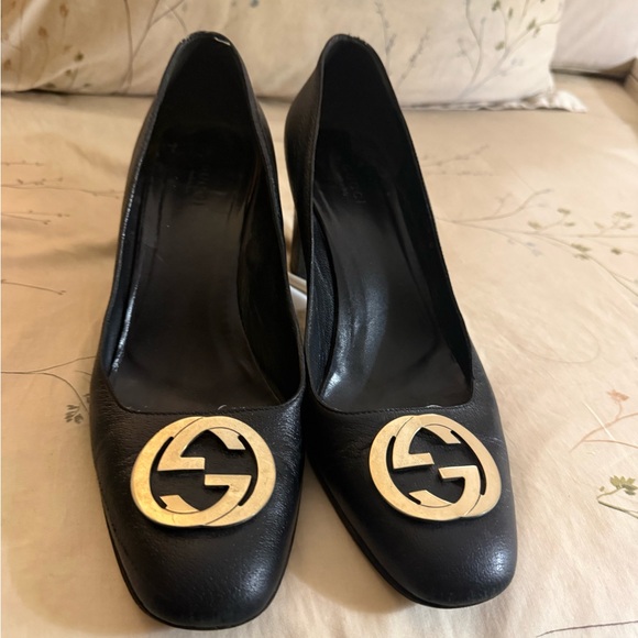 Gucci Shoes - Gucci Black Heels with Gold Emblem